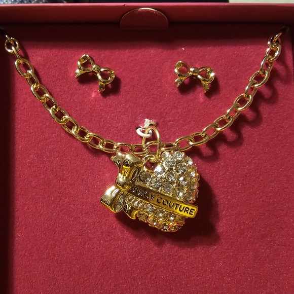 💝New! Juicy Couture Heart Rhinestone Necklace & Ribbon Earrings Set - Picture 1 of 10